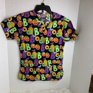 Comfy Cotton Womens Sz XS Scrub Top Shirt Medical Nuse Boo Halloween Pumpkin Bat
